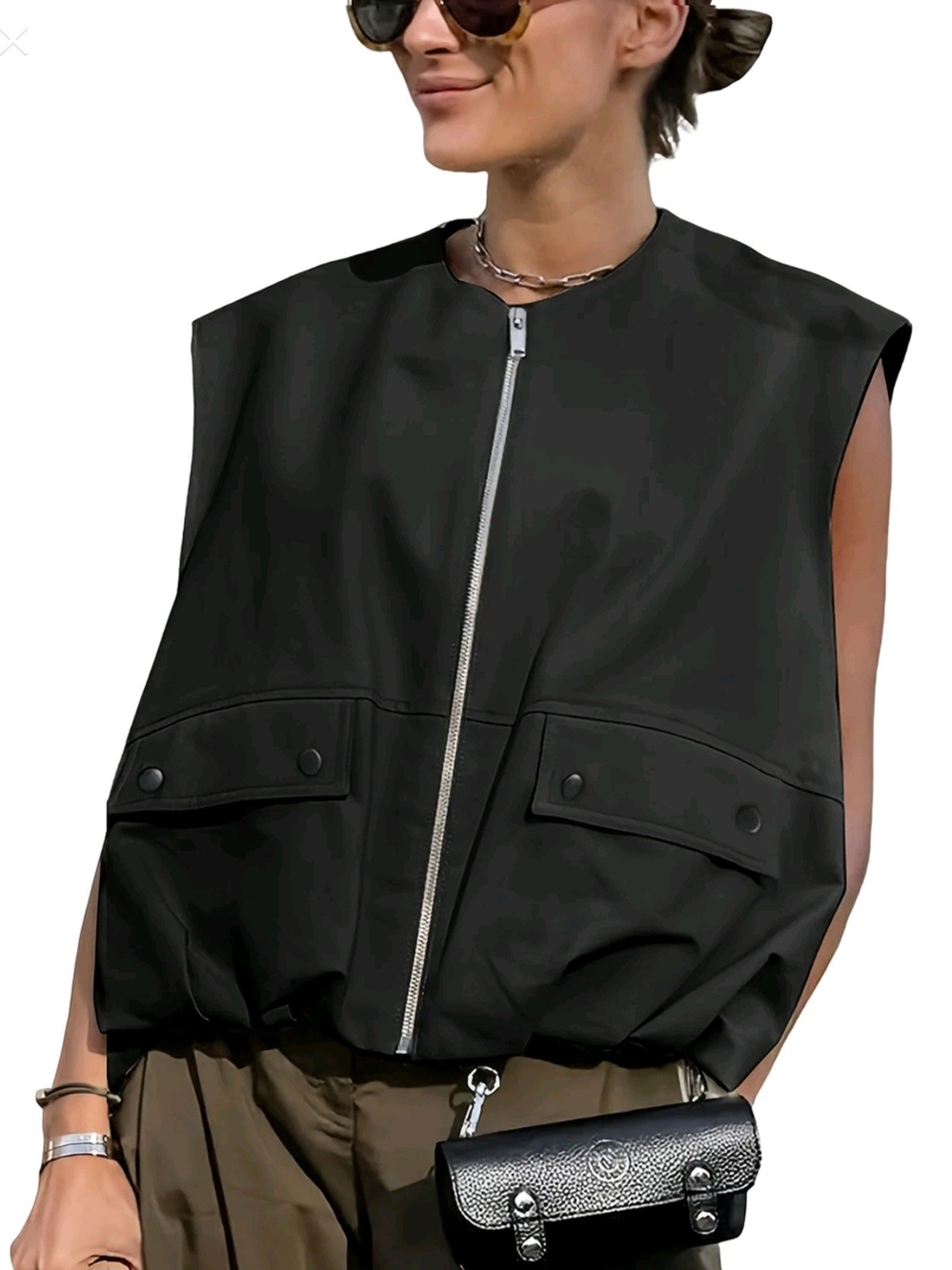 Black Sleeveless Zip Front Jacket Vest - Unbranded